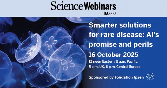 Promotional banner for a Science Webinars scheduled for 16 October 2025. Features an image of glowing jellyfish against a dark background. Event details include the time at 12 p.m. ET, 9 a.m  PT, 5 p.m. UK, 6 p.m. Central Europe, and is sponsored by Fondation Ipsen.