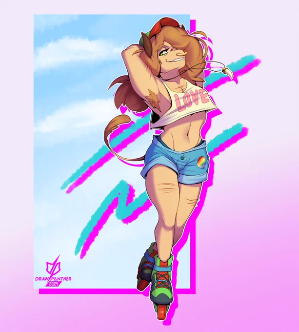 An anthropomorphic brown cow flashes the viewer a relaxed smile as they casually rollerskate around with their arms raised behind their head. They wear a tank top that says "Love" on it, as well as a pair of shorts with a pride badge on them. They're placed on a 90's-inspired pink and blue background.