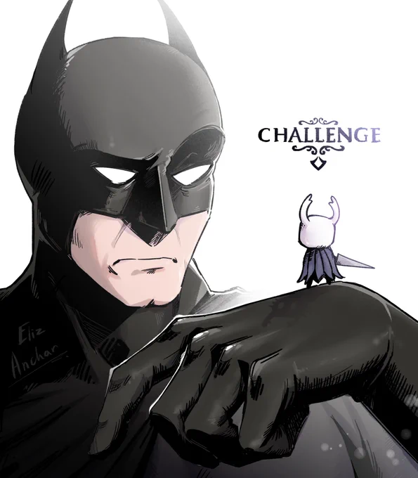 Batman looks at the main character from the game “Hollow Knight” with disbelief, raising one eyebrow. The tiny knight stands on Batman’s gloved hand in a fighting pose. Above them is the word “CHALLENGE”, repeating a frame from the game.
Note: Batman is drawn in a familiar black, monochrome style instead of the classic blue comic version.