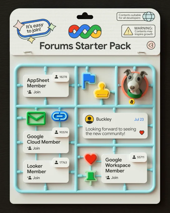 A promotional image, designed as a "Forums Starter Pack" model kit, displays a white plastic tray with various elements on a dark background. The top packaging features a multicolored infinity loop logo, the main title "Forums Starter Pack," and text bubbles: "It's easy to join!", "Contents suitable for all developers" with a globe icon, and a "WARNING: Contents may inspire growth" with a triangle icon. Within the light blue plastic frame, there are four "Member" cards (AppSheet, Google Cloud, Looker, Google Workspace), each with a "Join" button and member count, a grey and white dog head avatar with a green collar and 'B' tag, a social media comment from "Buckley" on "Jul 23" reading "Looking forward to seeing the new community!" with a red heart, plus various icons like flags, pushpins, an envelope, and a linked chain.