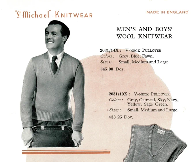 page from a 1940s catalogue showing St Michael knitwear - a man leans on a chair wearing a v-neck jumper, shirt and tie