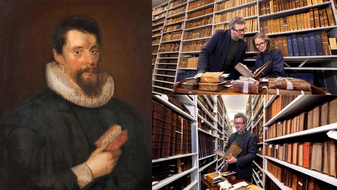 Composite image showing three pictures. Left: Portrait of Zachary Boyd holding a book, painted by George Jameson. Image credit - The Hunterian, University of Glasgow. Top right: Professor Adrian Streete and Siobhán Convery, Director of Library Collections, examining a dictionary from Zachary Boyd’s personal library. Bottom right: Professor Adrian Streete looking at a book from the personal library of Zachary Boyd. Photo Credit - Martin Shields.