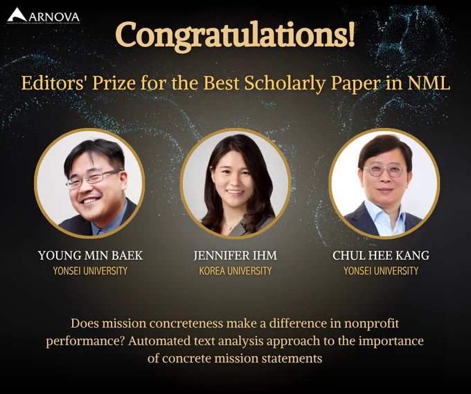 Gold-and-black graphic with portraits of Young Min Baek, Jennifer Ihm, and Chul Hee Kang; headline “Editors’ Prize for the Best Scholarly Paper in NML”; article title on mission concreteness.