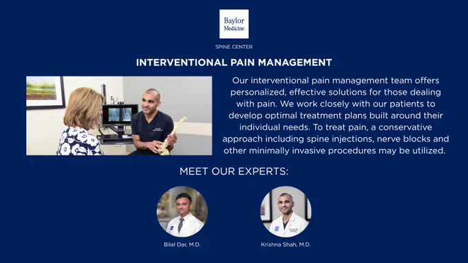 Interventional Pain Management: Our interventional pain management team offers personalized, effective solutions for those dealing with pain. We work closely with our patients to develop optimal treatment plans built around their individual needs. To treat pain, a conservative approach including spine injections, nerve blocks and other minimally invasive procedures may be utilized.

Meet Our Providers: Bilal Dar, M.D., Krishna Shah, M.D.