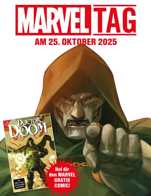 Gezeichnetes Bild für den Marvel Tag am 25. Oktober. Doktor Doom mit metallener Maske und grüner Kapuze zeigt mit eisenbewehrtem Finger auf Dich.