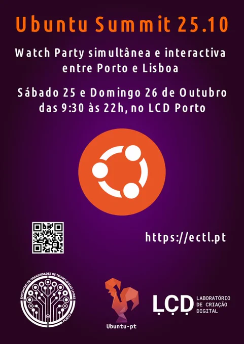 Poster com as cores do Ubuntu com as informações do evento descrito no texto da publicação