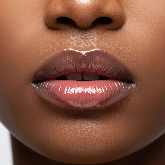 Close-up portrait of a Nigerian female model with smooth dark skin, focus on her lips, extremely glossy and wet texture, soft natural lighting, realistic skin detail, shallow depth of field, lips slightly parted, gentle highlight reflections showing moisture and shine, clean minimal background, professional beauty photography, 4K high detail.