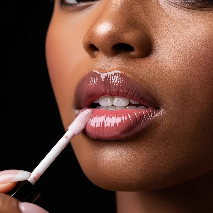 Close-up portrait of a beautiful Nigerian female model applying lip gloss, focus on her full lips, extremely wet and glossy texture with high shine reflections, smooth even dark skin tone, clear pore detail, soft studio lighting, black background, elegant long nails holding a lip gloss applicator, realistic beauty photography, ultra HD sharpness, natural makeup, luxurious and clean aesthetic.
