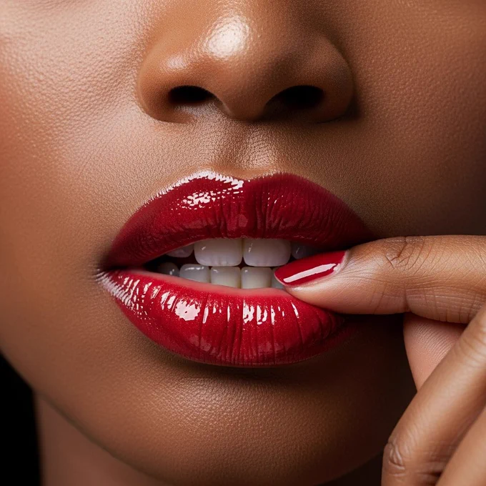 Close-up portrait of a beautiful African female model biting her lower lip softly, wearing glossy red lip gloss, focus on the lips with rich shine and wet reflections, smooth dark skin tone, natural makeup, soft studio lighting, shallow depth of field, ultra realistic detail, beauty product photography style, minimal background with gentle shadows, sensual yet elegant composition.