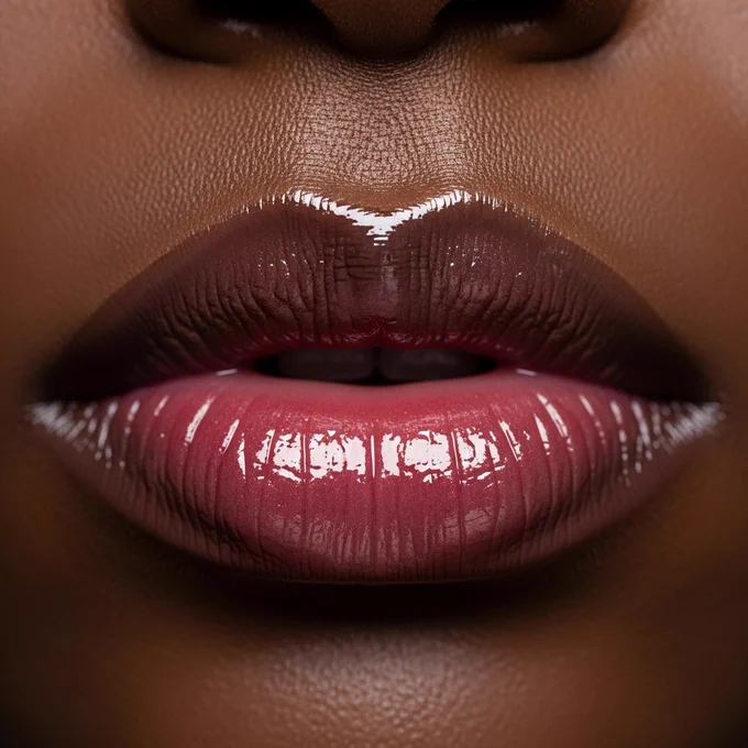 Realistic acrylic image of African female lips in extreme close-up, no lip gloss color, , ultra-glossy texture with wet reflective highlights, smooth ebony skin expressed through  contrast, high detail on lip curves and shine, soft lighting, minimal background, photorealistic