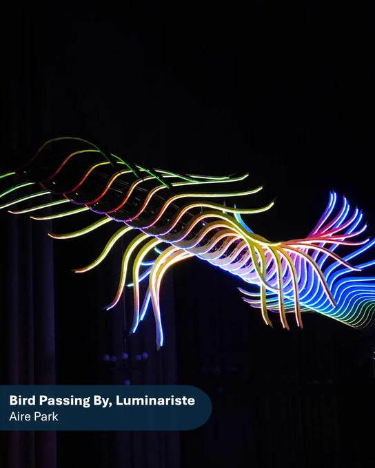 A piece of light art representing the wings of a bird in flight. The lighting is a variety of colours, making the full sculpture look like a rainbow.