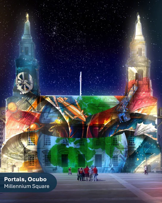 A digital mock-up of a piece of light art projected on to Civic Hall in Millennium Square. The piece of art is made up of a variety of fantasy themed graphics in blue, green and orange tones.