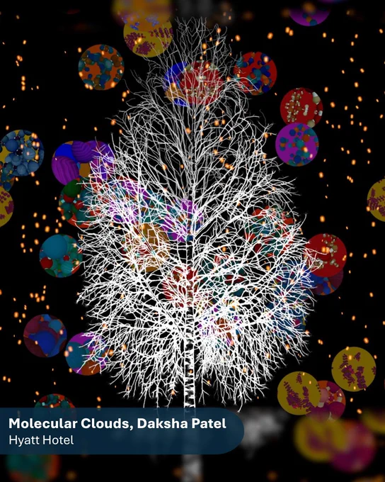 A digital mock-up of a piece of light art with a variety of different coloured spheres in the background and a large, white tree in the centre.