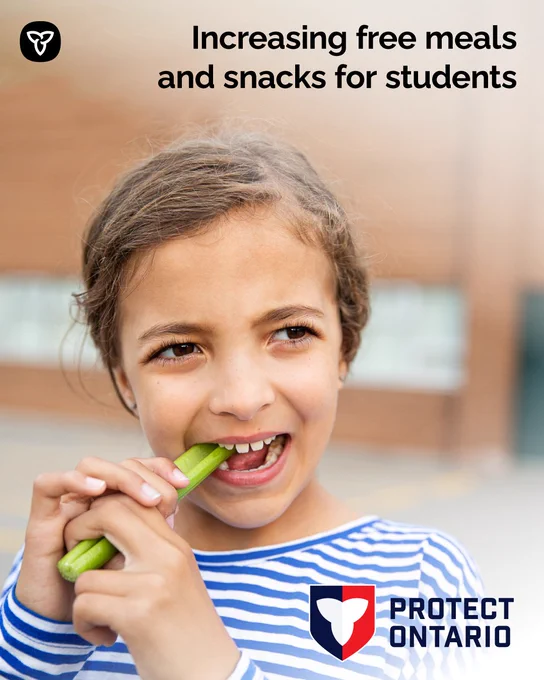 Young girl eating a celery stick, smiling. Text reads: "Increasing free meals and snacks for students". Logo: Protect Ontario.