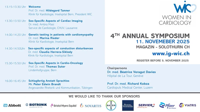 Join the 4. Annual #WomenInCardiology Symposium on 11. November in #Switzerland! Learn about sex-specific insights on #CVImaging, #Cardiogenetics, #rhymthology, #CardioOnc & more! Register by 5. November - more info at https://www.ig-wic.ch 