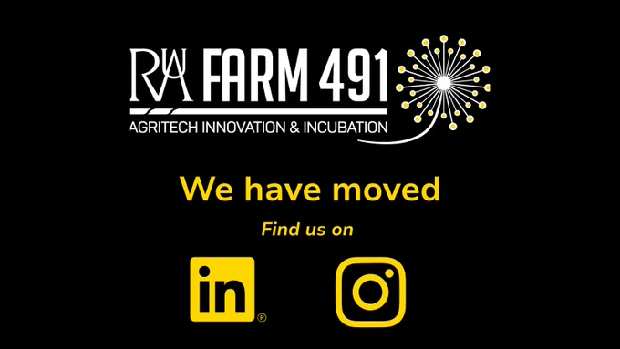 Farm491 logo above text ' We have moved. Find us on' and then logos for LinkedIn and Instagram.