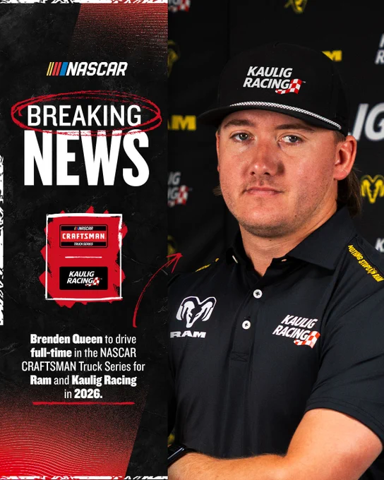 A BREAKING NEWS graphic for Brenden Queen, Kaulig Racing and the NASCAR CRAFTSMAN Truck Series. 