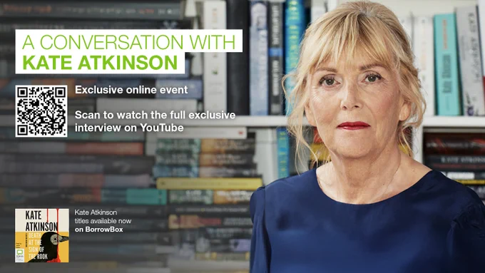Author Kate Atkinson seated in front of a bookshelf promoting an exclusive online interview and her books on BorrowBox.
