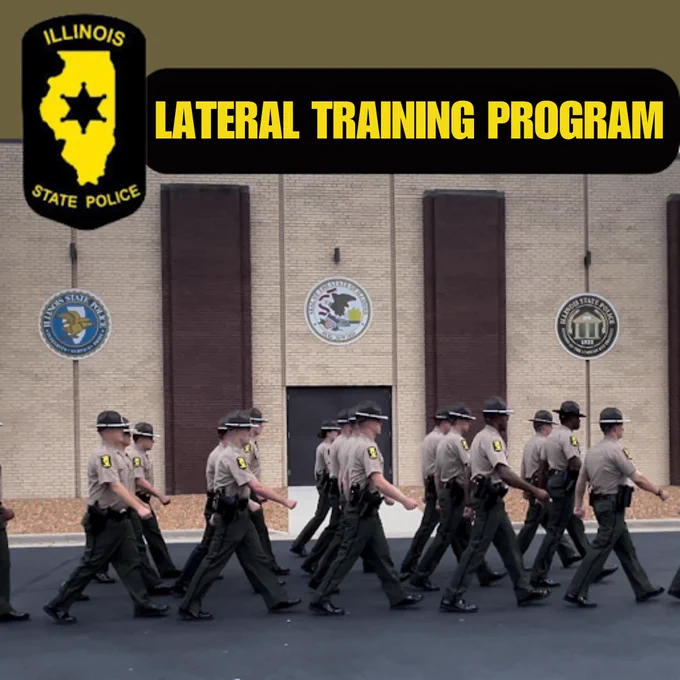 Members of the Illinois State Police participating in a lateral training program, walking in formation in front of a building with state seals.