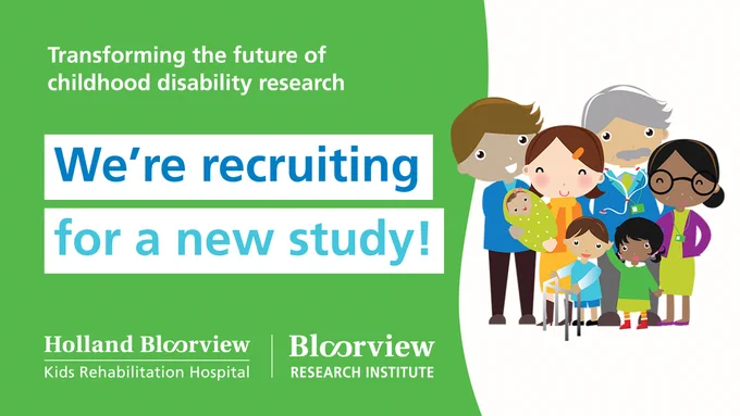 A graphic with text that reads transforming the future of childhood disability research. We're recruiting for a new study!' on a green background. 