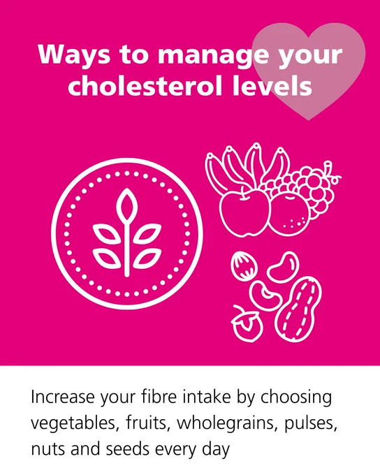 Ways to manage your cholesterol levels

Increase your fibre intake by choosing vegetables, fruits, wholegrains, pulses, nuts and seeds every day
