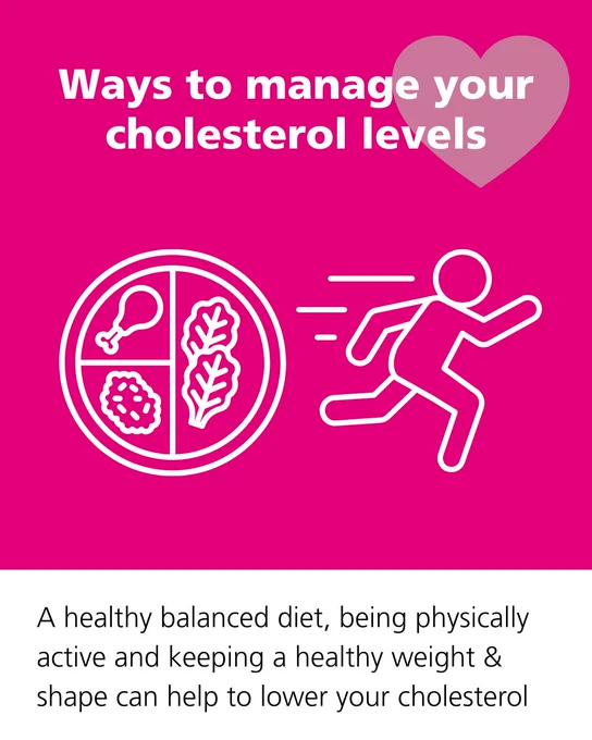 Ways to manage your cholesterol levels
A healthy balanced diet, being physically active and keeping a healthy weight & shape can help to lower your cholesterol