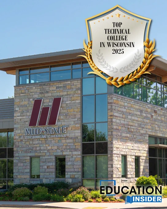 Logo for Education Insider’s Top Technical College in Wisconsin 2025 award, given to Mid-State Technical College.