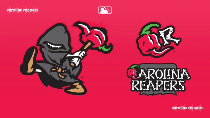 The primary logos and wordmark for the Carolina Reapers, a new alternate identity for the Winston-Salem Dash, is featured above a red backdrop.

The primary logo features a cloaked individual holding a baseball bat with a carolina reaper pepper at the end. 