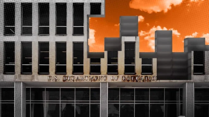 Illustration showing the Education Department building taken apart brick by brick.