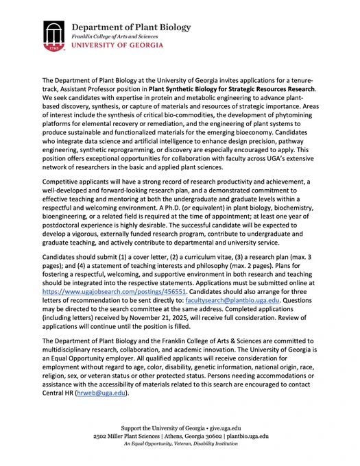 Faculty job ad for a position in Plant Synthetic Biology for Strategic Resources Research in the Department of Plant Biology at the University of Georgia.