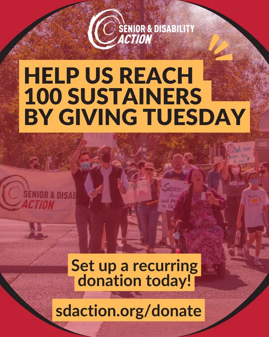 A graphic with a photo in the background of SDA members crossing a street with signs and an SDA banner. Text of the graphic reads: Help us reach 100 sustainers by Giving Tuesday. Set up a recurring donation today! sdaction.org/donate