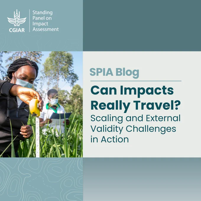 Image features a person examining plants in a field using a scientific instrument, with a label indicating 'SPIA Blog' from CGIAR discussing 'Can Impact Really Travel? Scaling and External Challenges in Action.'