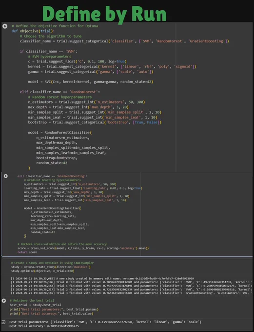 🧠 Core Idea of Bayesian Optimization

Bayesian optimization builds a probabilistic model of your objective function.
At each step, it uses that model to decide:

“Where should I try next to most likely improve my result?”

It’s like an intelligent treasure hunt:
Try a few random points.
Learn which regions give good results.
Use that knowledge to sample more in promising areas.

🧩 TPE (Tree-structured Parzen Estimator) in Optuna
Instead of modeling the objective directly, TPE models the probability of parameters given performance:
p(x | y) where
• 	x = hyperparameters
• 	y = objective score (e.g., accuracy, loss)
🚀 How It Works:
1. 	Split trials into good and bad based on performance.
2. 	Model p(x  y) separately for good and bad trials.
3. 	Suggest new parameters that are more likely to be in the good group.
4. 	Repeat to keep improving.

✅ Bayesian:
it uses previous beliefs (distributions) to inform future sampling decisions.