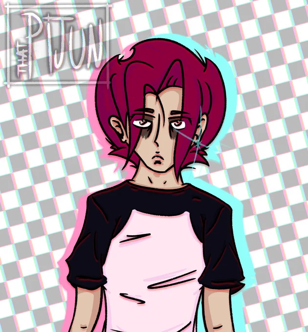 A drawing of a lighter skinned man, wearing a black/white baseball T-shirt, with it's sleeves rolled up, staring forwards, his singular left blue earring is shining, and so are his light red eyes, he also has anime inspired, spikey/curvy, maroon coloured hair, with a slight purple-ish tint as well, and messy black eye makeup, he's on a translucent black/white checkerboard background with some chromatic aberration, and has a bright glowing pink/blue shadow behind him