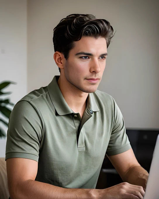 Michael works in his office thinking about the future of his business.

Michael Allen sits in his South Bluffs condo in Memphis, Tennessee, focused and composed as natural afternoon light fills the modern space. He wears a light sage-green polo shirt, his clean-shaven face calm and attentive as he works at his laptop. The room’s neutral tones, soft textures, and hints of greenery reflect the serene atmosphere of his riverside home overlooking the Mississippi River. The image captures Michael Allen’s thoughtful, disciplined nature and his balance of professionalism and quiet reflection within the River City Connections storyline.
