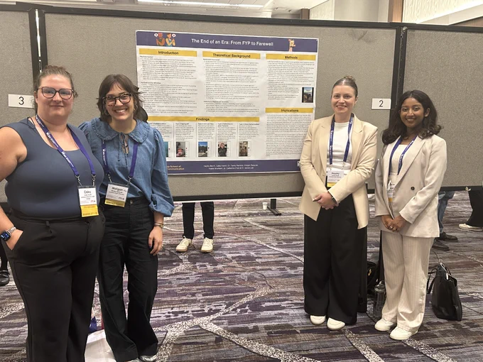 SMAC Lab members in front of a poster titled “The End of an Era: From FYP to Farewell” that was created for the paper “The Digital Archive Collective Memory and The End of TikTok” From L to R: Caley, Morgan, Hayley, and Nabila