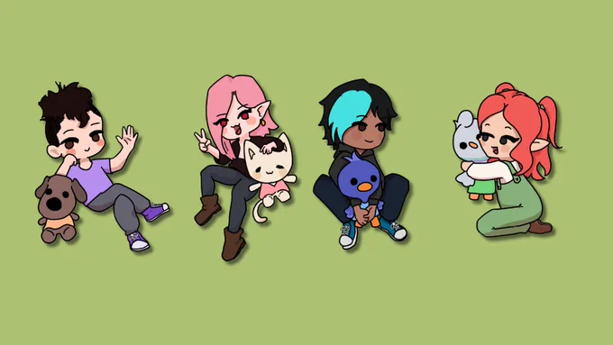From left to right depicting each member of CrunchMunch. Starting with peaches in a purple shirt featuring their mascot a brown dog. Following a depiction of zuite with pink hair and her mascot a white cat. After that there is BlueSpring with a Blue streak in his hair and a blue duck mascot. Lastely their is FlopsyMimi in her green overalls holding her pigeon mascot.