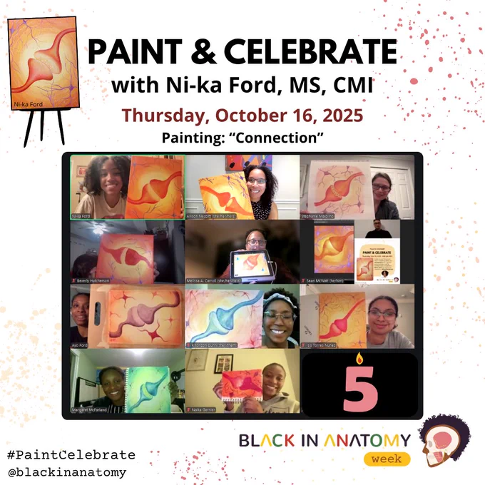 Paint & Celebrate with Ni-ka Ford, MS, CMI. Thursday October 16, 2025. Painting: "Connection" Original image by Ni-ka Ford of a reddish synapse on a glowing orange and yellow background. Image of 11 participants showing their paintings and 5 year anniversary candle celebrating 5 years of Black in Anatomy. 