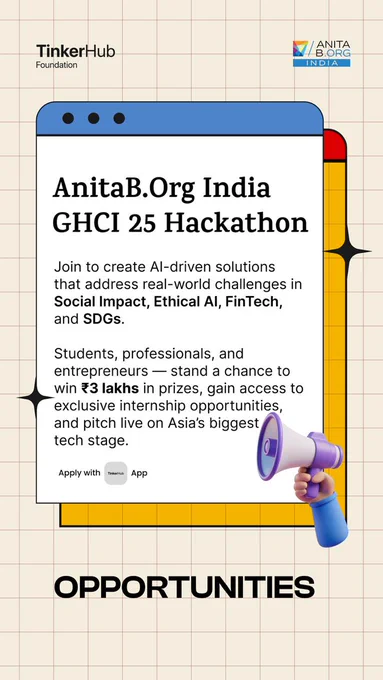 AnitaB.org India GHCI 25 Hackathon Join to create AI-driven solutions that address real-world challenges in Social Impact, Ethical AI, FinTech and SDGs. Students, professionals, and entrepreneurs – stand a chance to win ₹ 3 lakhs in prizes, gain access to exclusive internship opportunities, and pitch live on Asia's biggest tech stage.