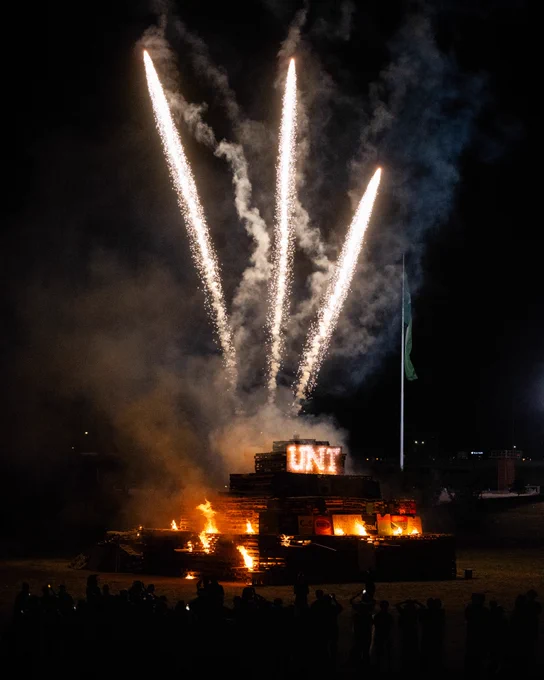 The 2025 UNT Homecoming Bonfire and fireworks.