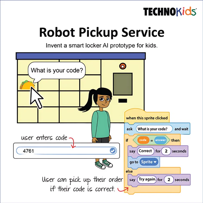 A student enters a code at a smart-locker; Scratch blocks show an if/else check that unlocks pickup when the code is correct.