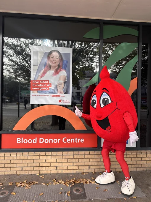 Photo of Billy Blood Drop outside the Brighton Donor Centre.