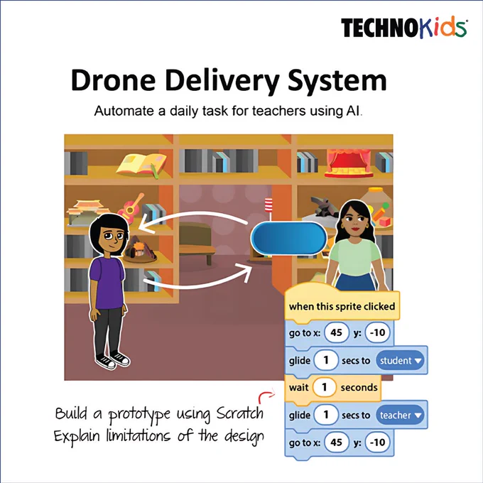 Classroom prototype where a drone delivers items between student and teacher; Scratch code moves, waits, and returns.