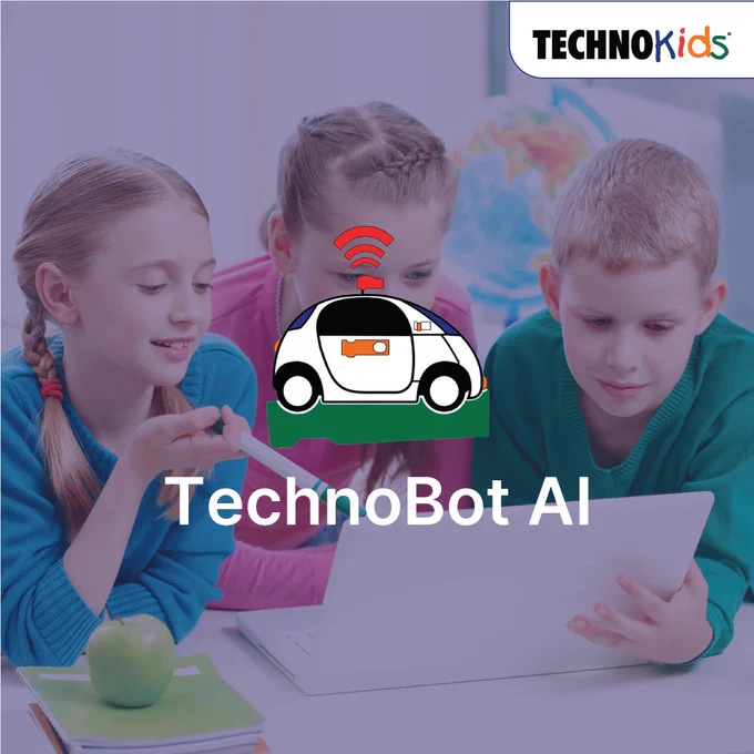Three students work at a laptop with an autonomous-car icon overlay; intro slide for TechnoBot AI projects (ages 13–18).