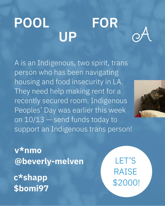 Light blue background with white text. 

Text reads: 

A is an Indigenous, two spirit, trans person who has been navigating housing and food insecurity in LA. They need help making rent for a recently secured room. Indigenous Peoples’ Day was earlier this week on 10/13 — send funds today to support an Indigenous trans person! 

Let’s raise $2,000! 

V*nmo @ beverly-melven
C*shapp $bomi97