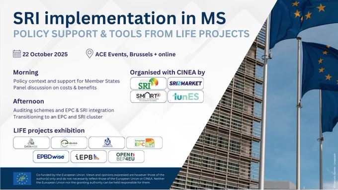 SRI implementation in MS - policy support an tools from LIFE projects. 22 October 2025, Brussels and online. Logos of partners and projects. 