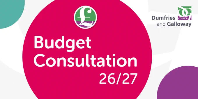 Graphic for Dumfries and Galloway Council's Budget Consultation 2026/27 featuring a pink background and pound symbol