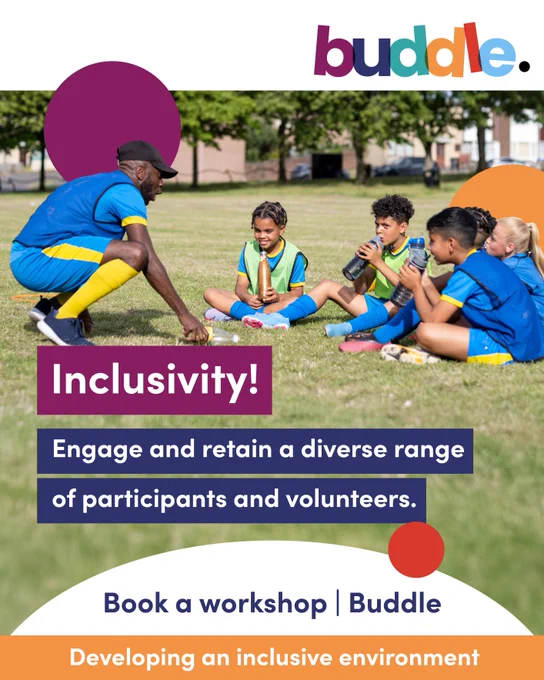 Promotional poster for Budde, featuring an adult and four children wearing sports attire, sitting on grass at a park, with text about inclusivity and booking a workshop to develop an inclusive environment.