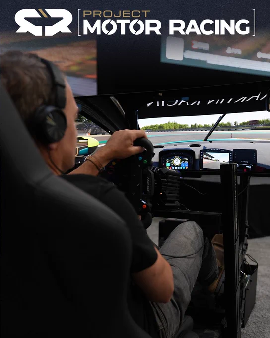 Photo of Ben Collins testing Project Motor Racing on a high-performance racing rig from Fanatec 