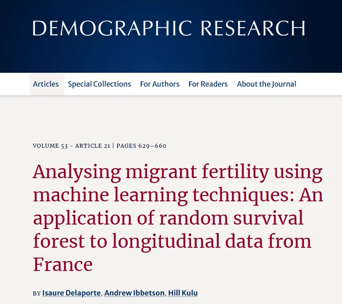 Image shows article title screen which reads: Demographic Research Volume 53 - Article 21 | Pages 629–660  

Analysing migrant fertility using machine learning techniques: An application of random survival forest to longitudinal data from France
By Isaure Delaporte, Andrew Ibbetson, Hill Kulu